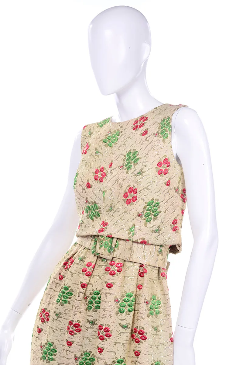 1960s Vintage Red & Green Cream Print Full Length Evening Dress