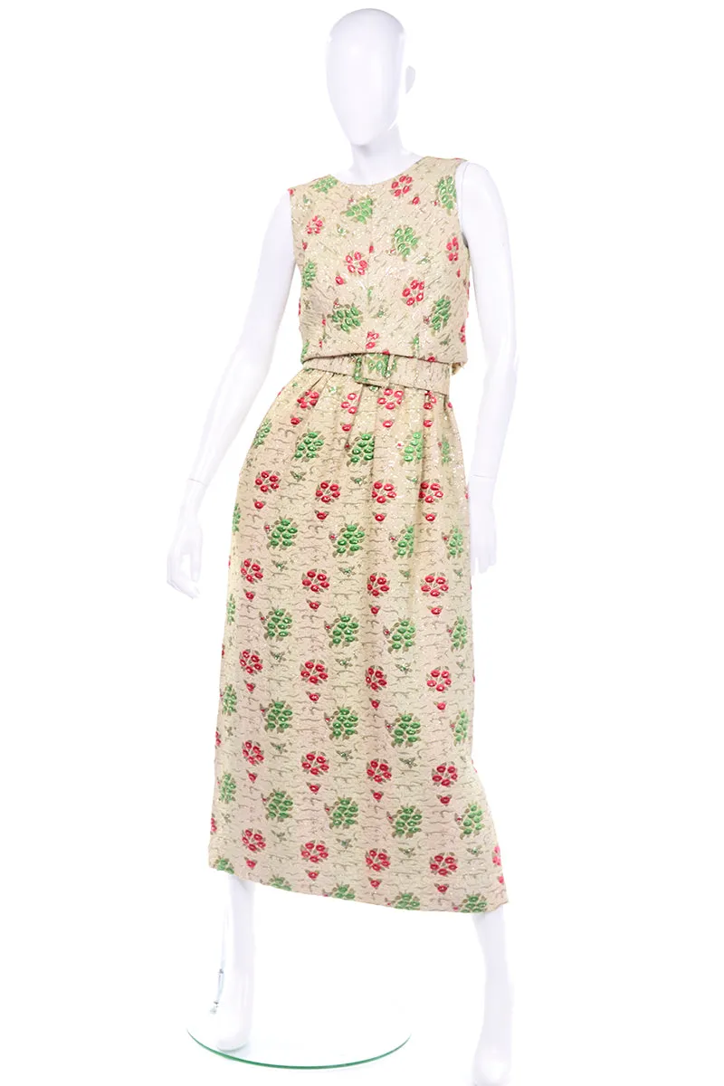 1960s Vintage Red & Green Cream Print Full Length Evening Dress