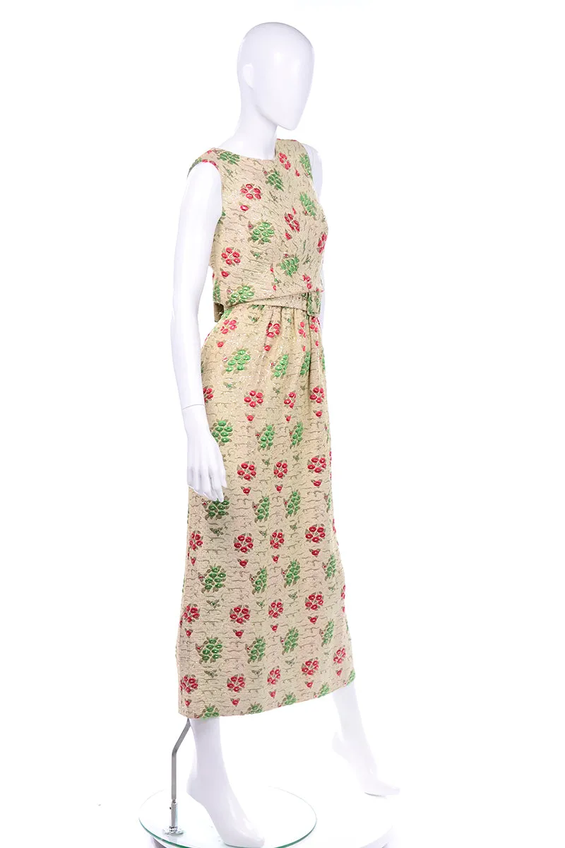 1960s Vintage Red & Green Cream Print Full Length Evening Dress