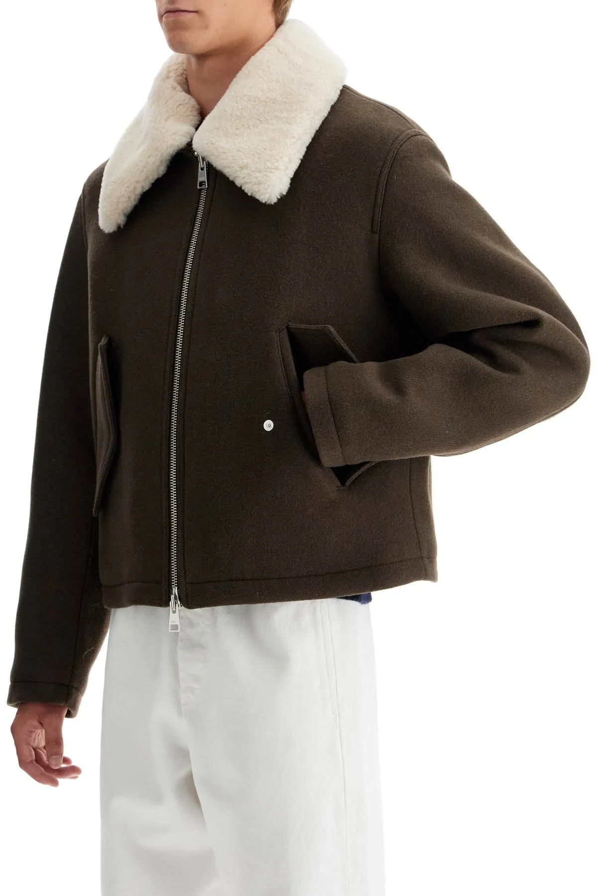 Ami Alexandre Matiussi Boxy Shearling Jacket With Collar