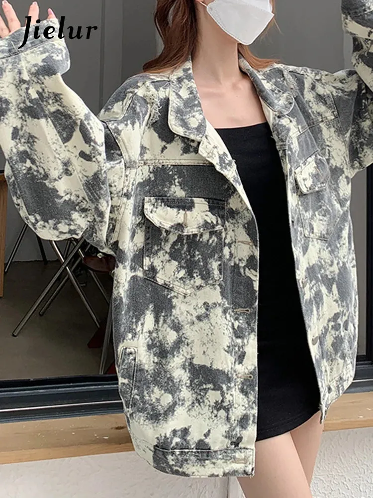 Autumn Tie Dyed Denim Jacket Women Fashion Korean New Fashion Loose Lapel Short Coat Woman High Street Top Female S-XL