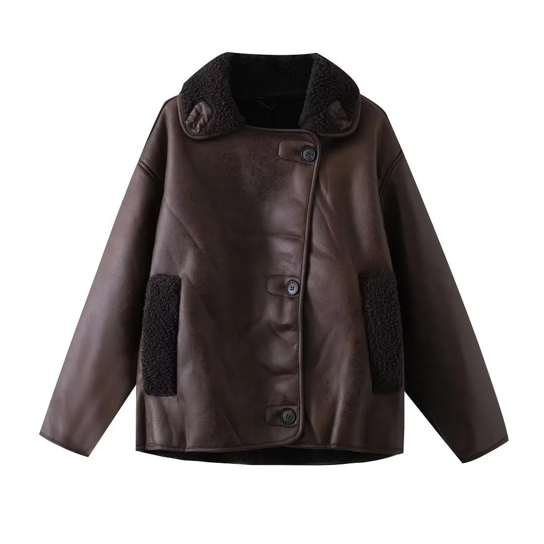 Autumn Winter Women Clothing Retro Imitation Lamb Wool Collared Faux Jacket Double Sided Jacket Coat