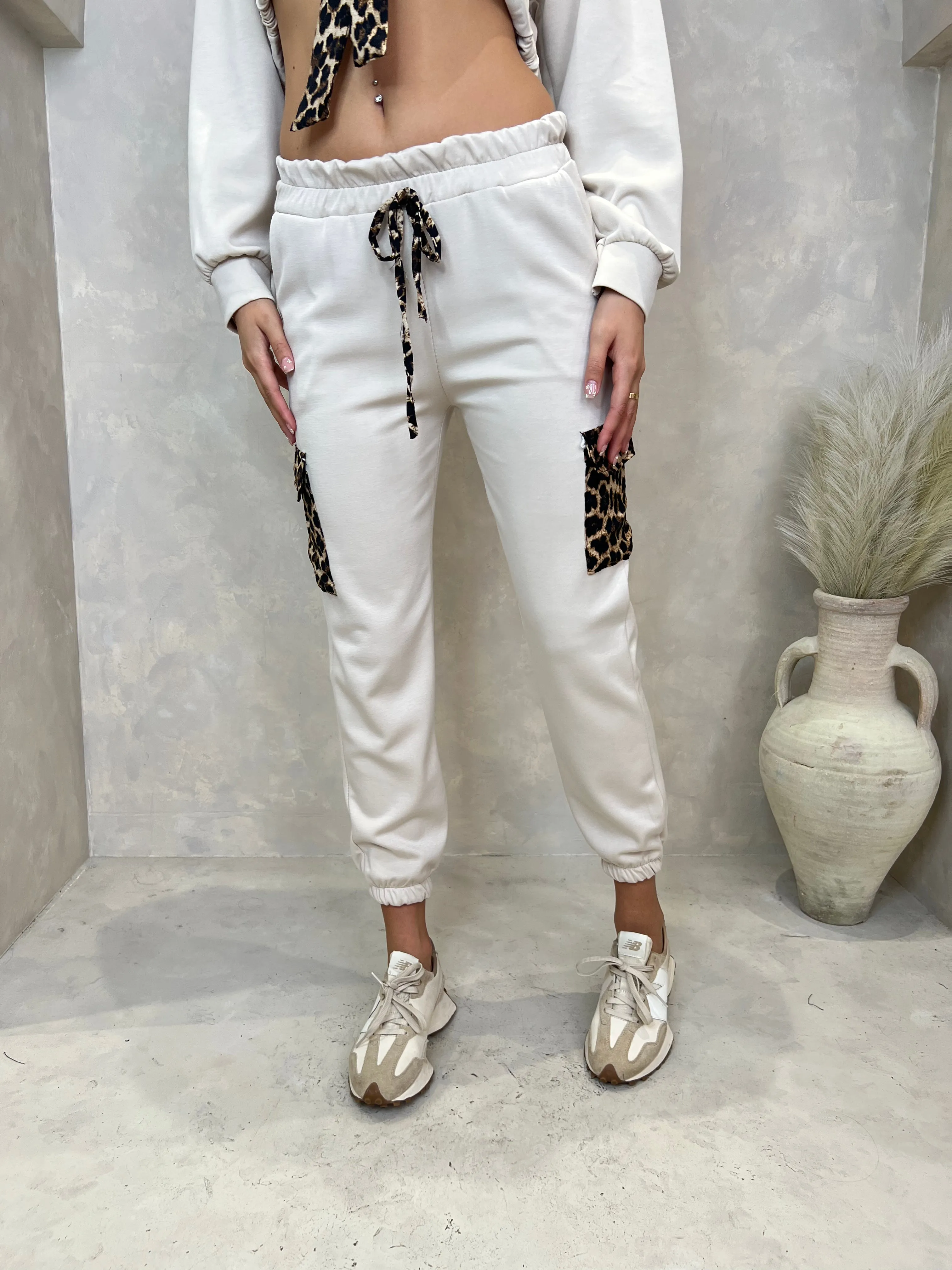 Beige Leopard Print Leg Pocket Jogging Bottoms