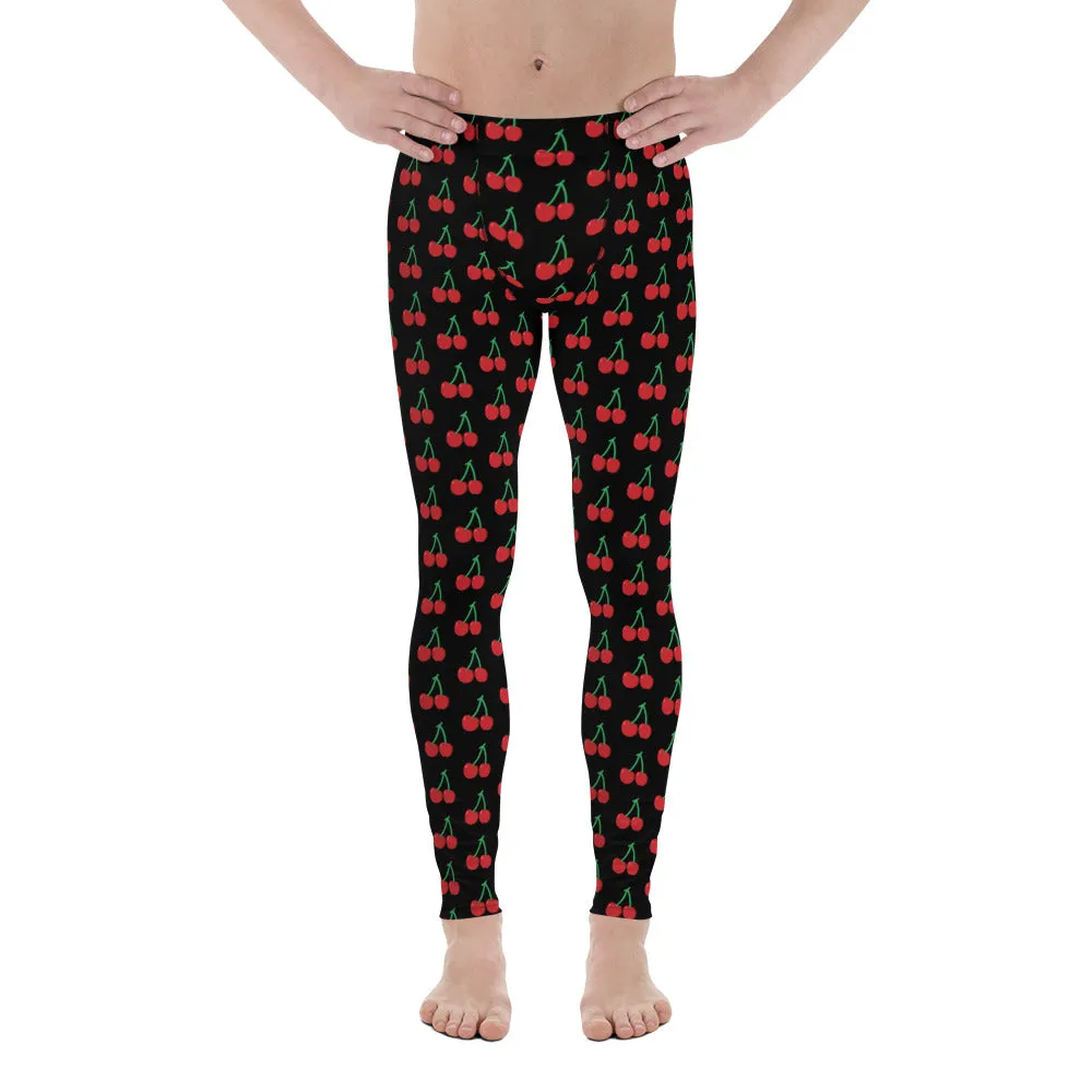 Black Cherries Men's Leggings, Red Cherry Print Meggings Sexy Run Tights-Made in USA/EU