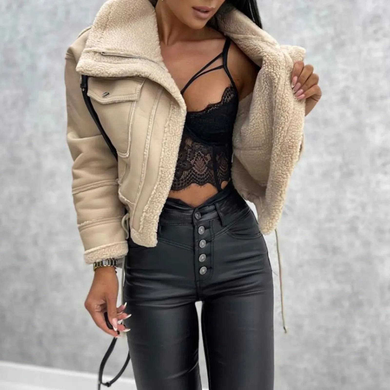 Black leather jacket made of sheepskin