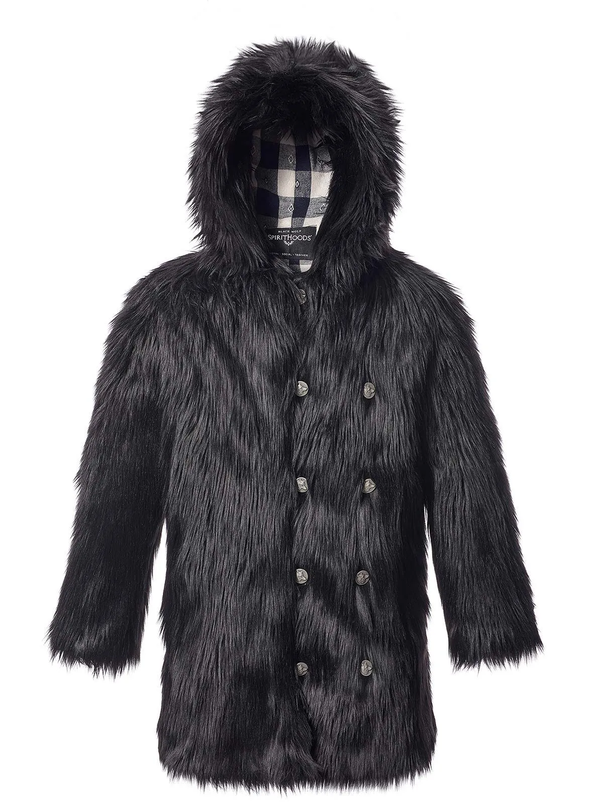 Black Wolf Plaid Hooded Faux Fur Coat | Women's