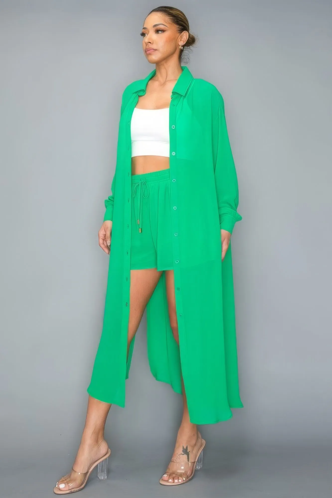 Blue Zone Planet |  Azalea's Chiffon Button Down Long Sleeve Side Slit Long Top With Short Set