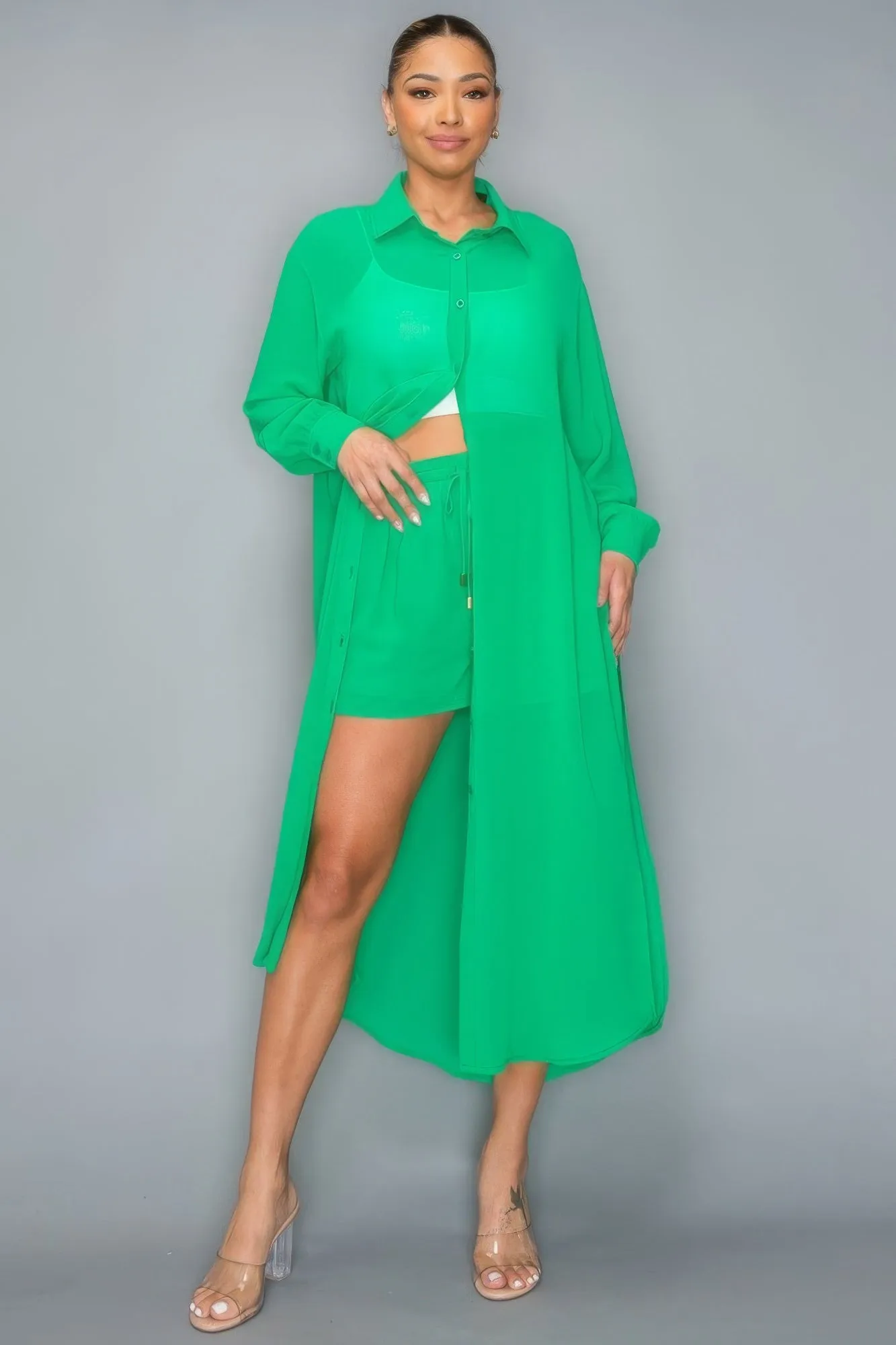 Blue Zone Planet |  Azalea's Chiffon Button Down Long Sleeve Side Slit Long Top With Short Set