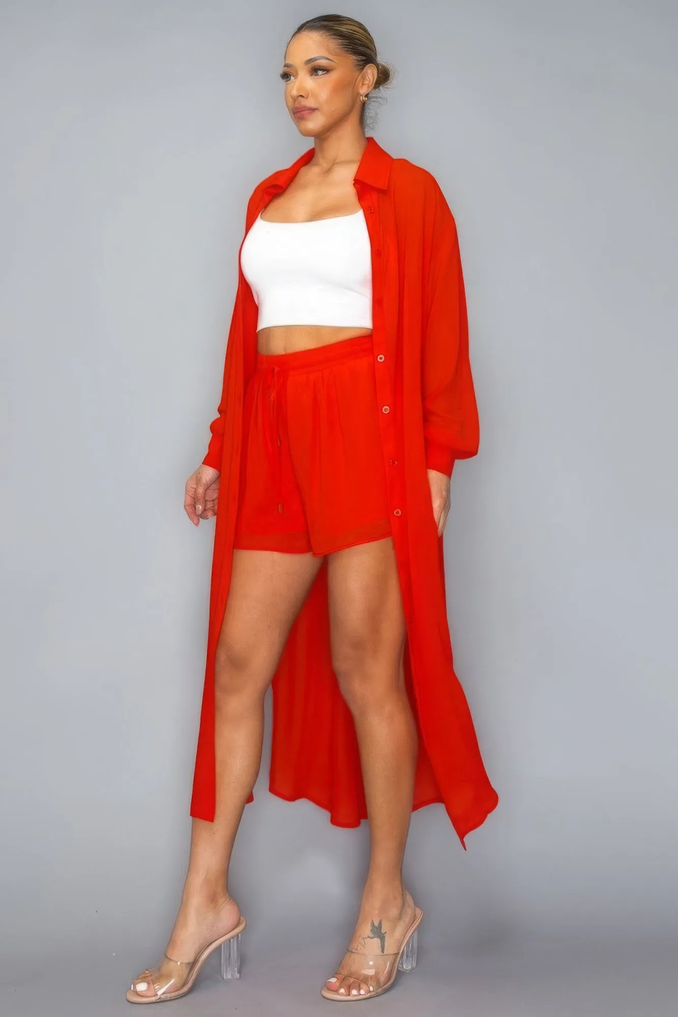 Blue Zone Planet |  Azalea's Chiffon Button Down Long Sleeve Side Slit Long Top With Short Set