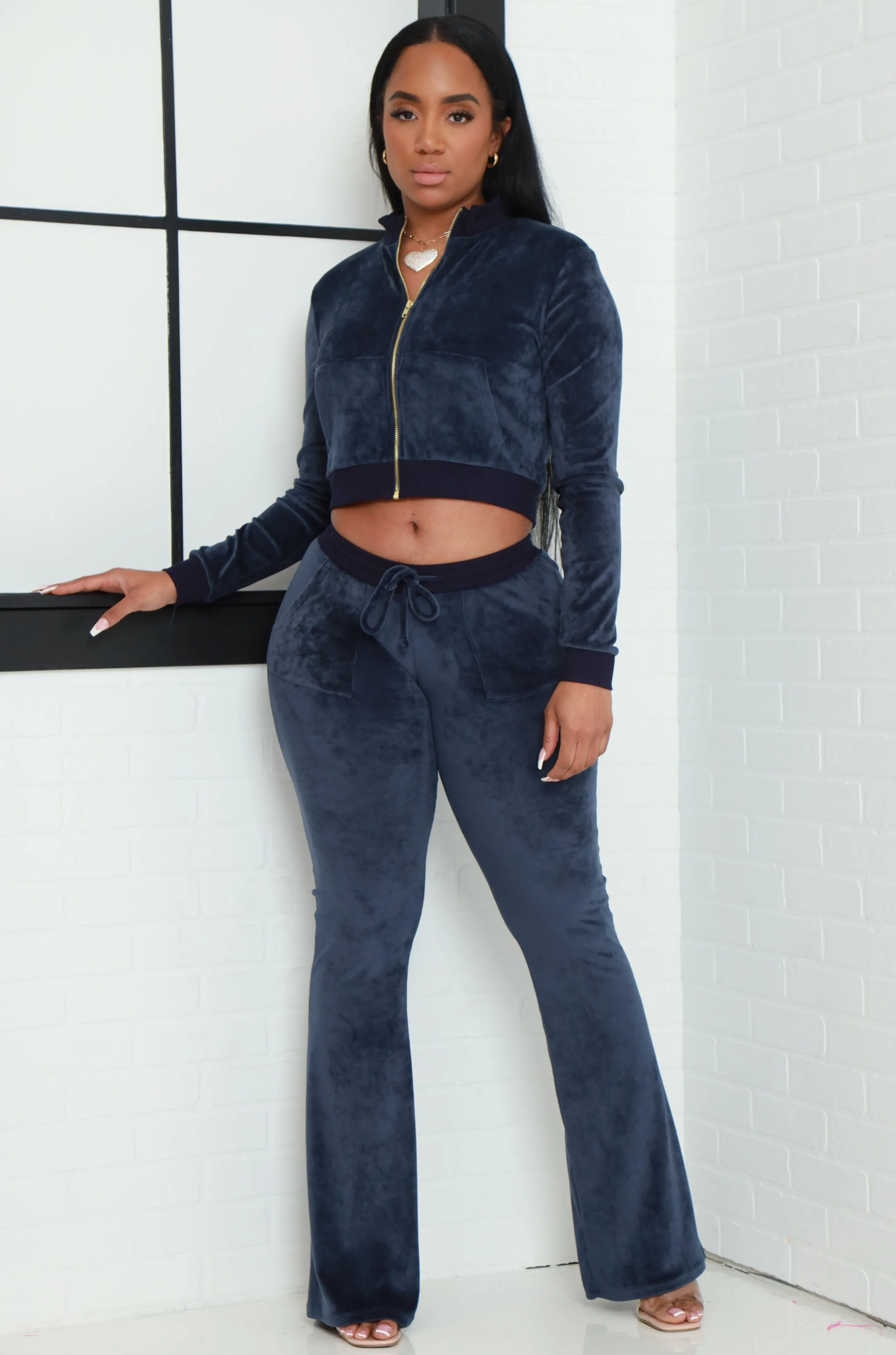 Catch An Opp Velvet Jogger Set - Navy