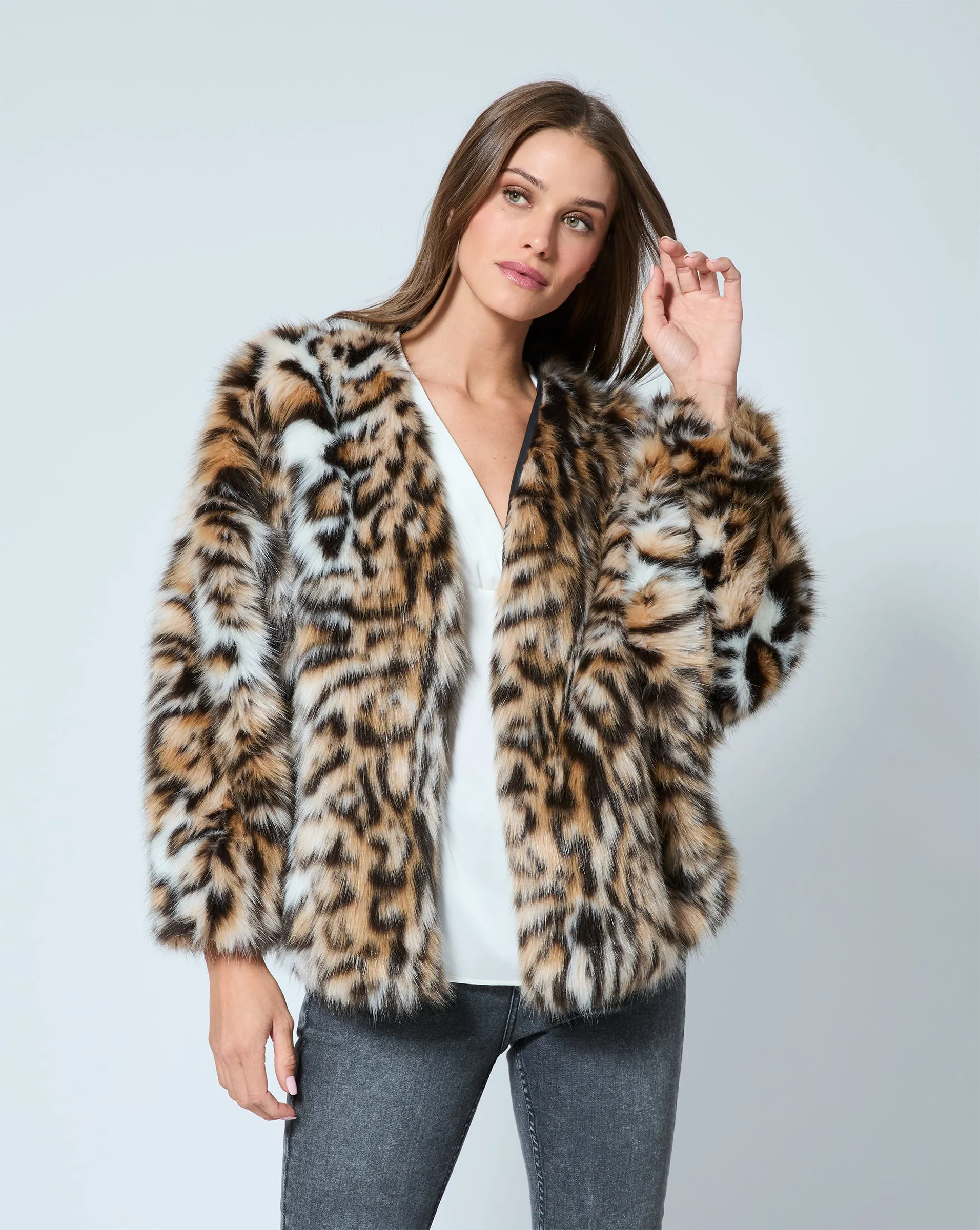 Cheetah Printed Fox Faux Fur Swing Jacket