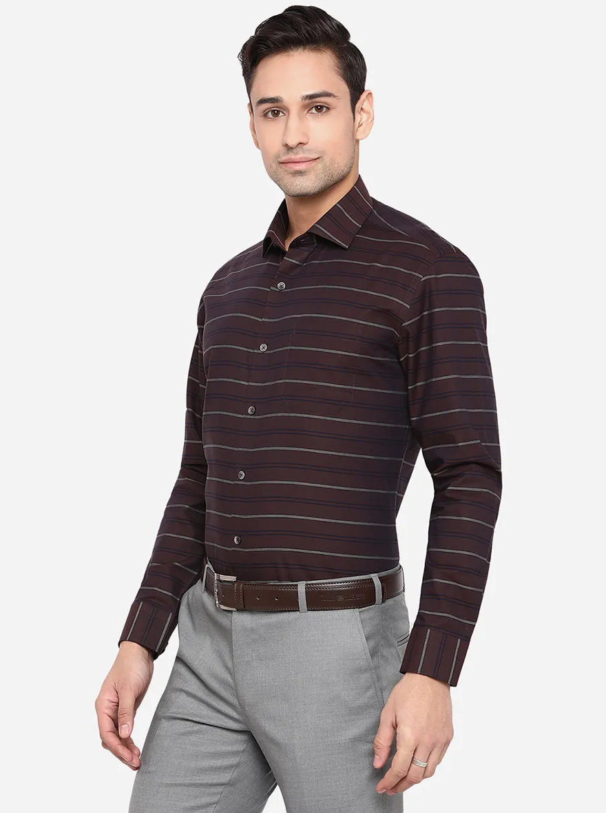 Coffee Brown Striped Slim Fit Formal Shirt | JadeBlue