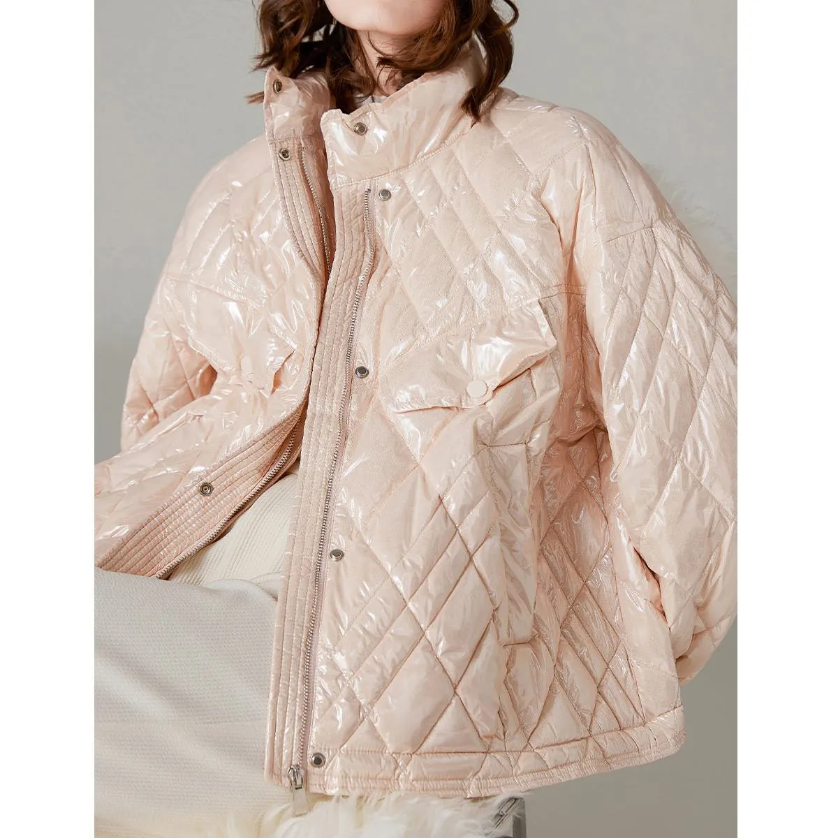 Cropped Quilted Stand-Up Collar Loose Fit Down Jacket