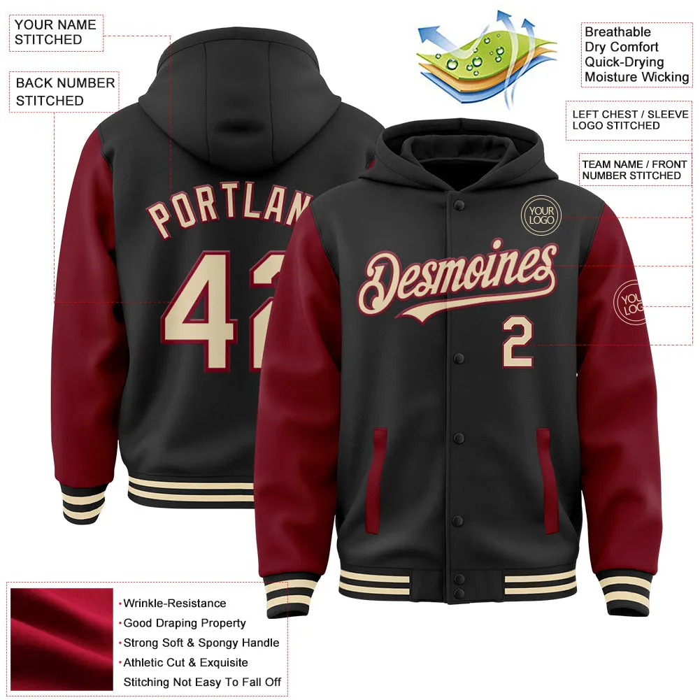 Custom Black Cream-Crimson Bomber Full-Snap Varsity Letterman Two Tone Hoodie Jacket