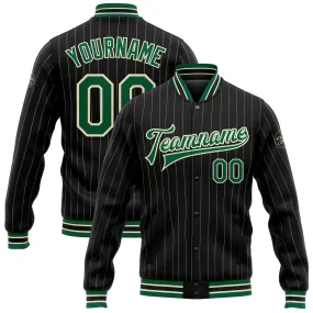 Custom Black Cream Pinstripe Kelly Green Bomber Full-Snap Varsity Letterman Jacket