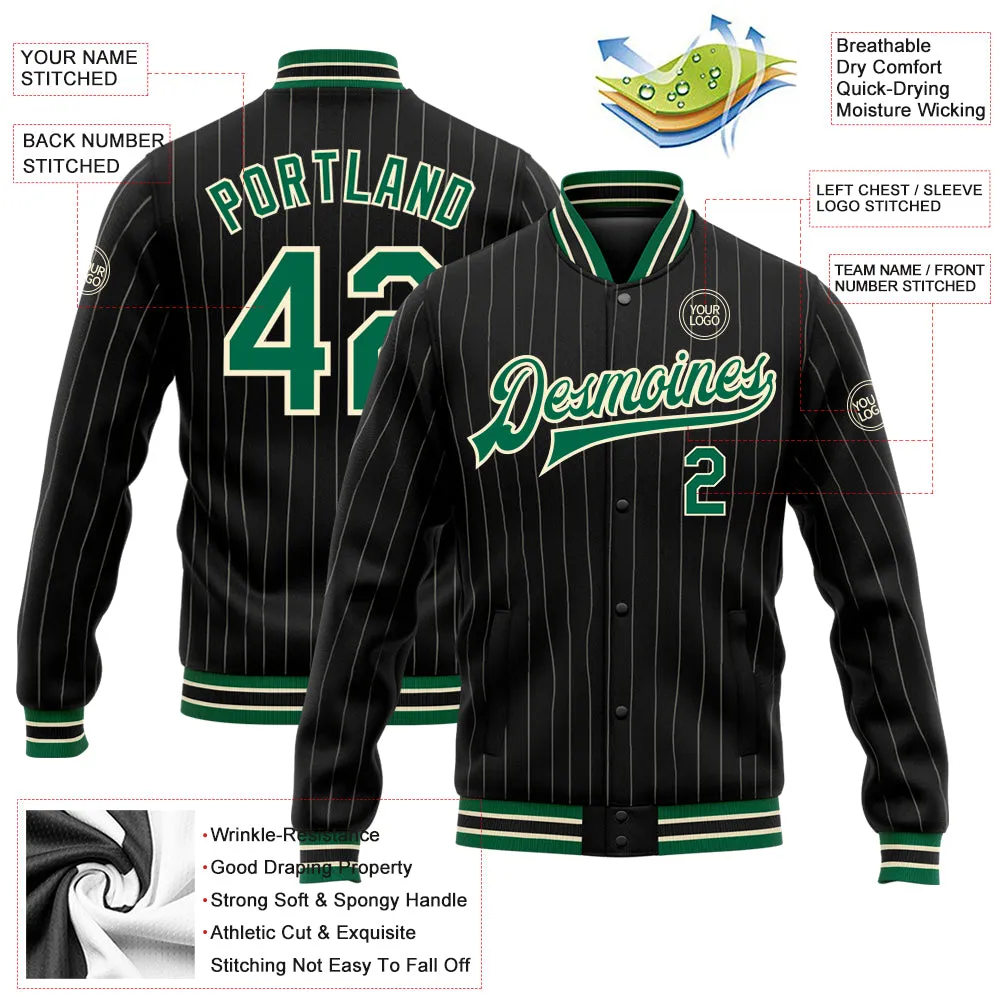 Custom Black Cream Pinstripe Kelly Green Bomber Full-Snap Varsity Letterman Jacket