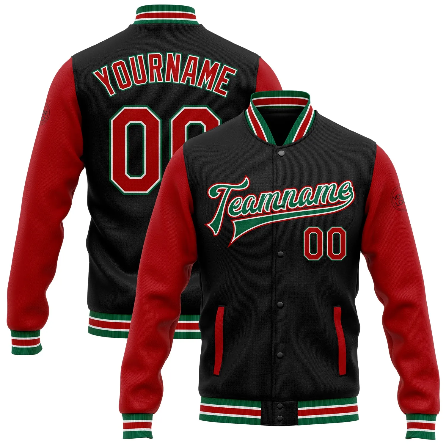 Custom Black Red-Kelly Green Bomber Full-Snap Varsity Letterman Two Tone Jacket