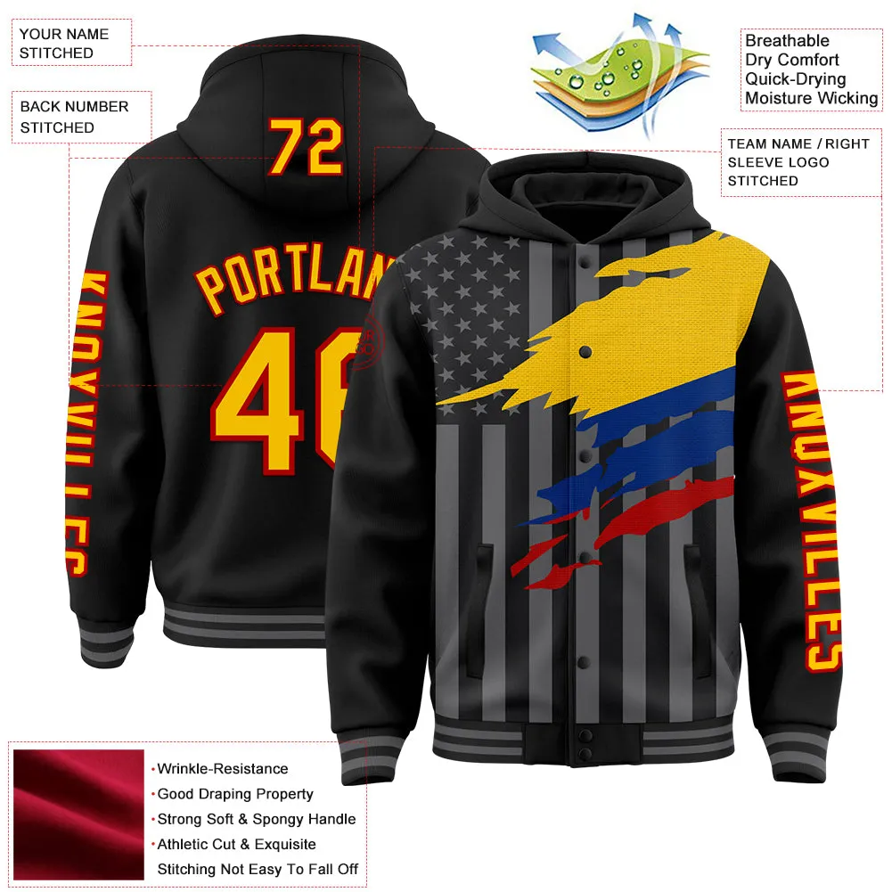 Custom Black Yellow Red-Gray Colombia Colombian Flag 3D Bomber Full-Snap Varsity Letterman Hoodie Jacket