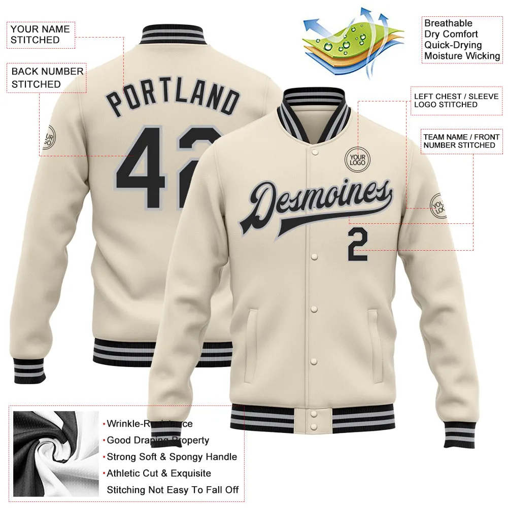 Custom Cream Black-Gray Bomber Full-Snap Varsity Letterman Jacket