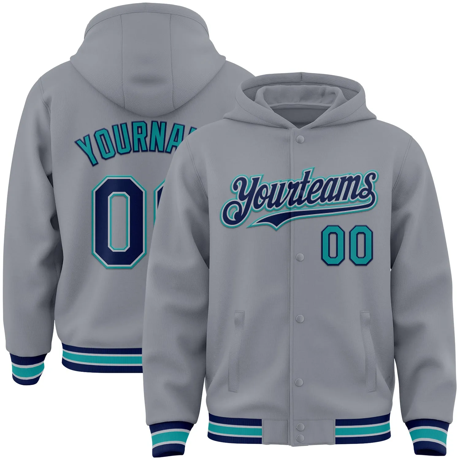 Custom Gray Navy-Teal Bomber Full-Snap Varsity Letterman Hoodie Jacket