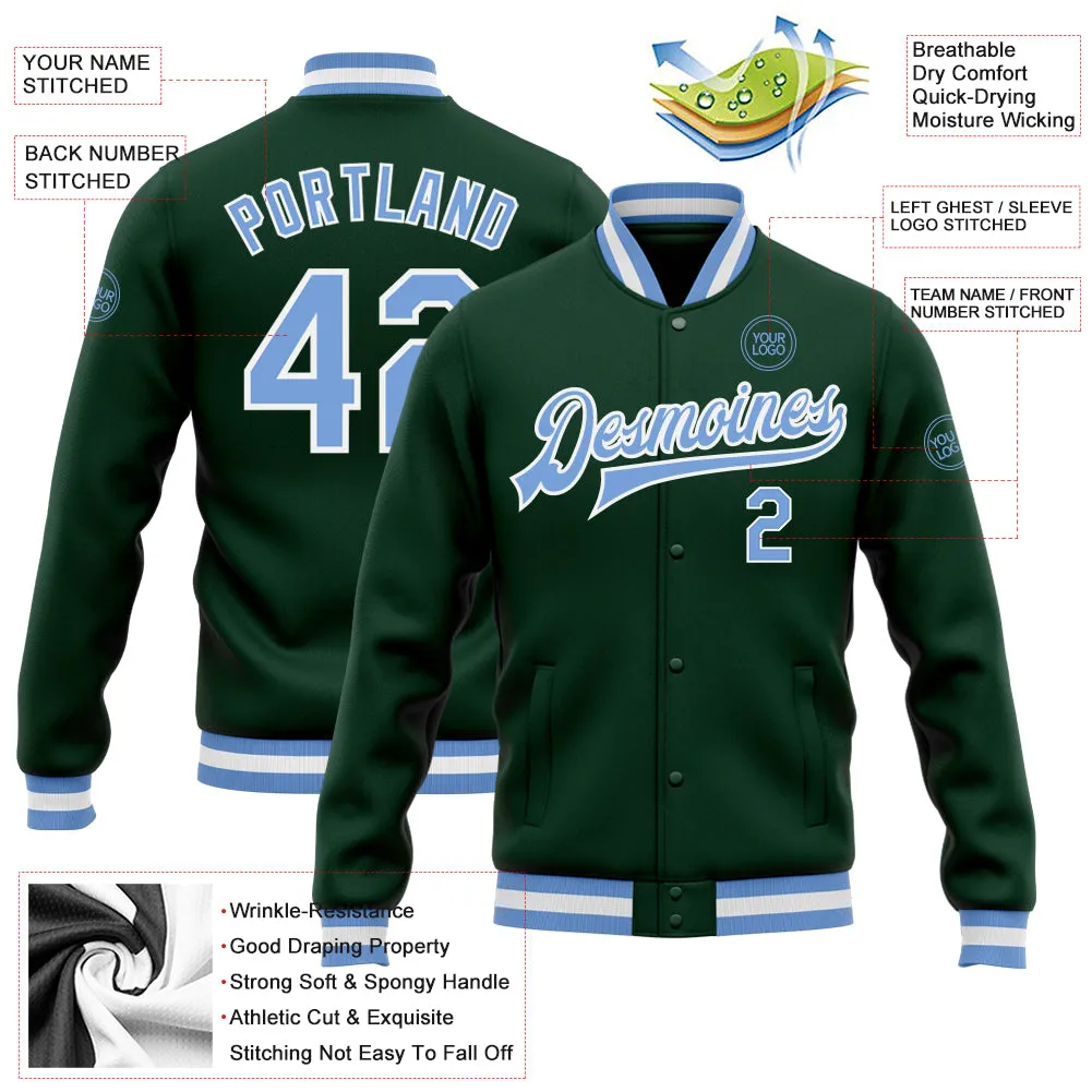 Custom Green Light Blue-White Bomber Full-Snap Varsity Letterman Jacket