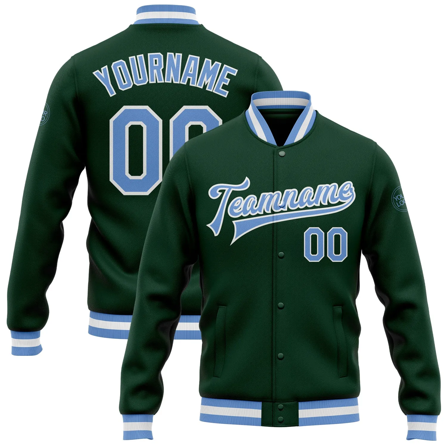 Custom Green Light Blue-White Bomber Full-Snap Varsity Letterman Jacket