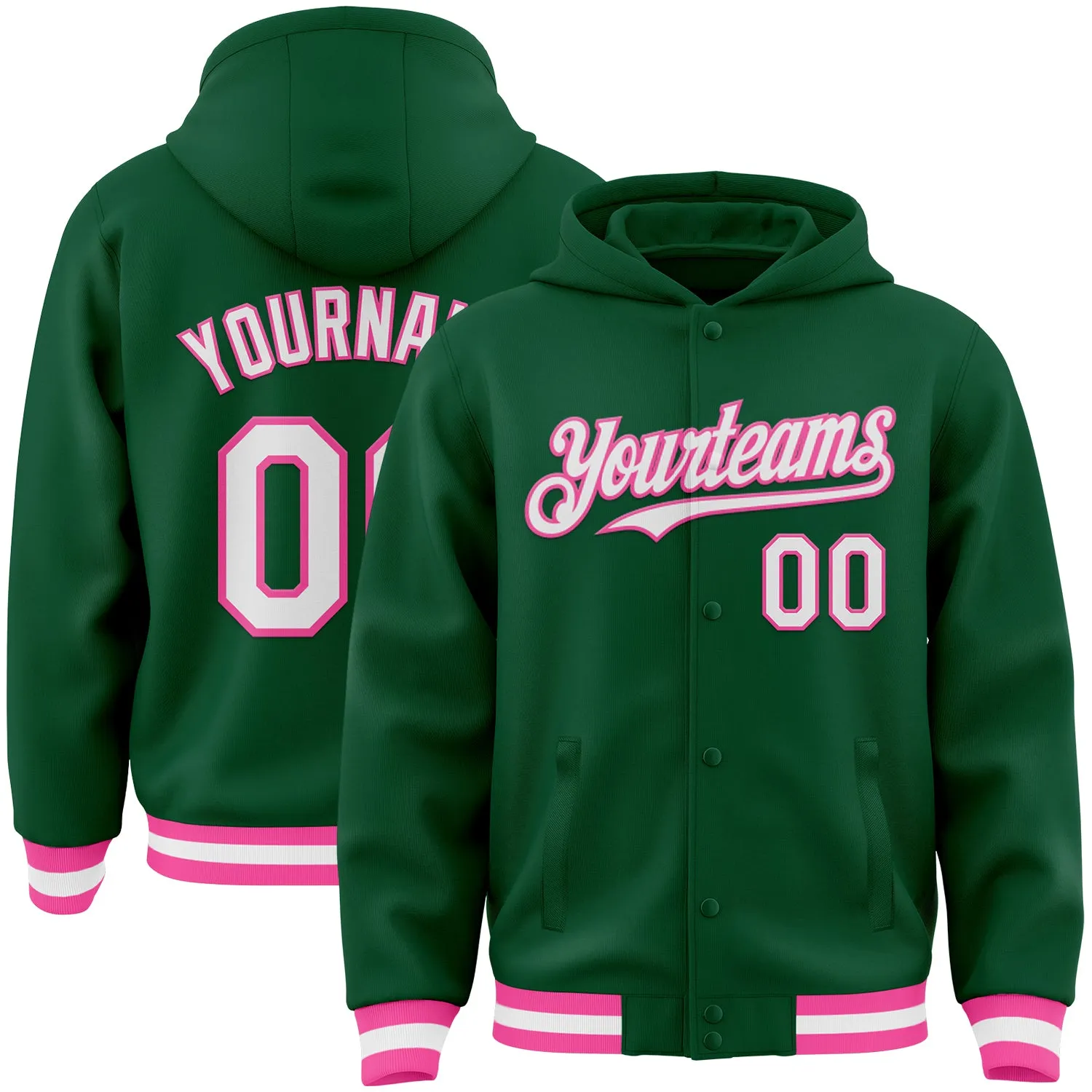 Custom Kelly Green White-Pink Bomber Full-Snap Varsity Letterman Hoodie Jacket