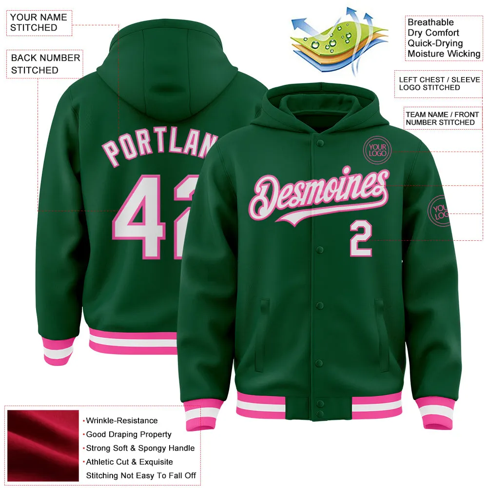 Custom Kelly Green White-Pink Bomber Full-Snap Varsity Letterman Hoodie Jacket