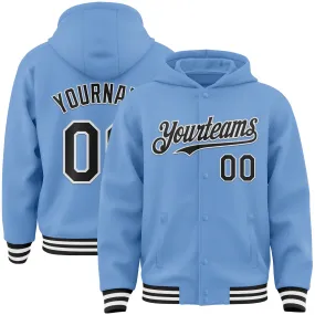 Custom Light Blue Black-White Bomber Full-Snap Varsity Letterman Hoodie Jacket