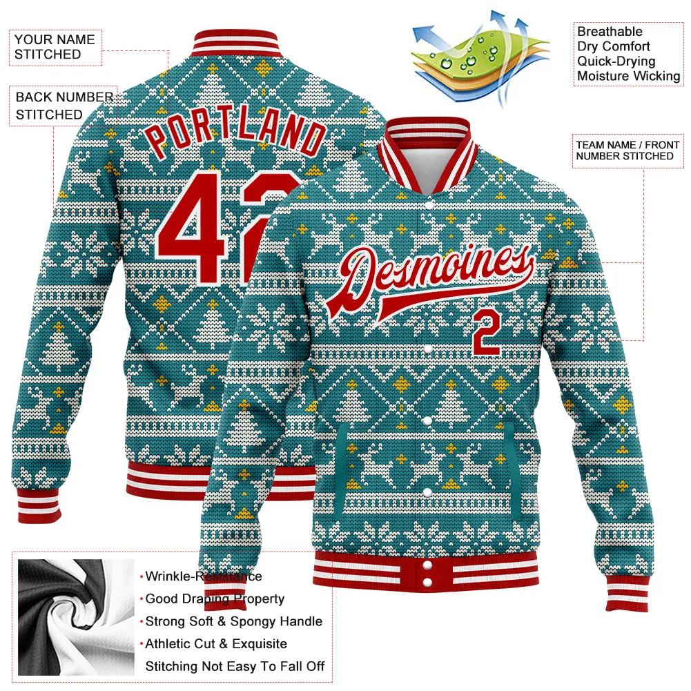 Custom Teal Red-White Christmas 3D Bomber Full-Snap Varsity Letterman Jacket