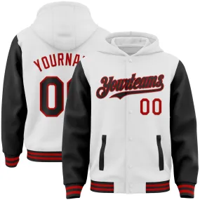 Custom White Black-Red Bomber Full-Snap Varsity Letterman Two Tone Hoodie Jacket