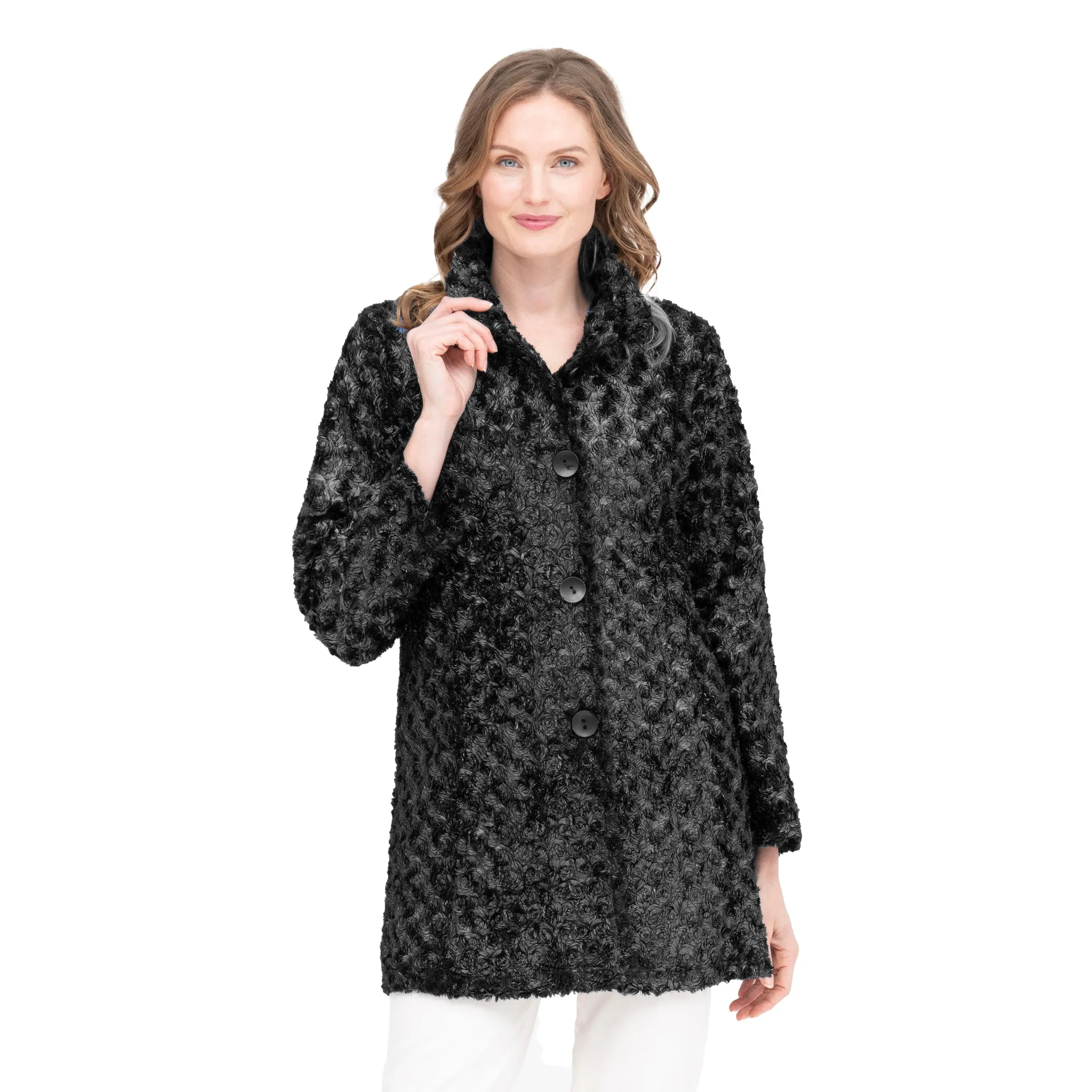 Damee Rosette Swirl Faux Fur Coat in Silver/Black - 4924-SLV