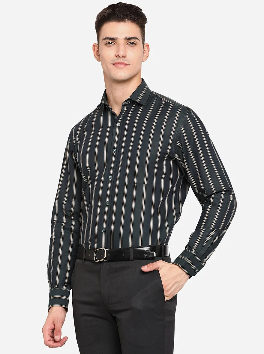 Dark Grey & Khaki Striped Regular Fit Formal Shirt | JadeBlue