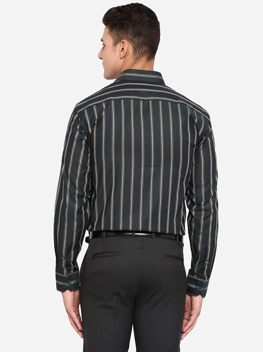 Dark Grey & Khaki Striped Regular Fit Formal Shirt | JadeBlue