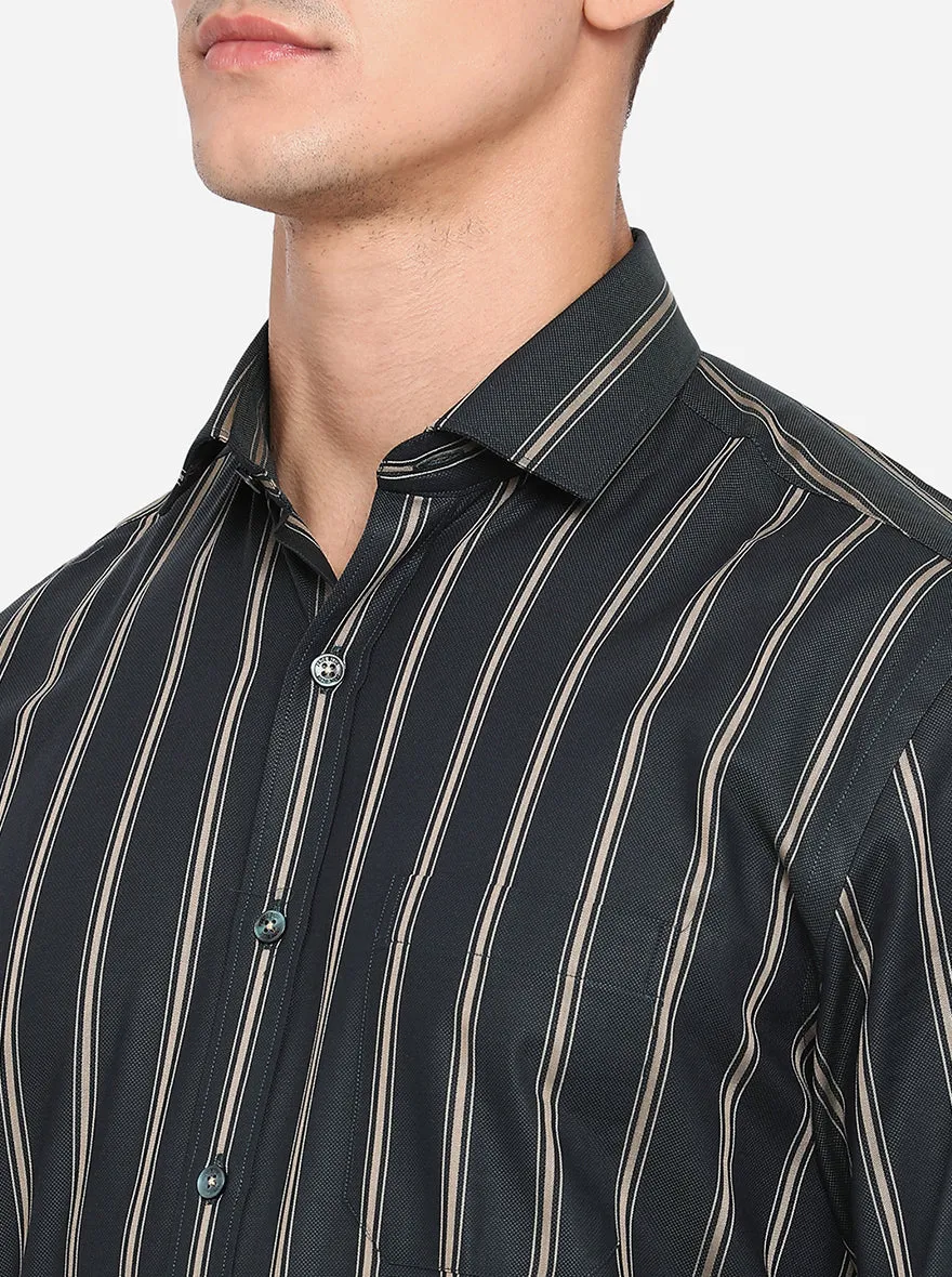 Dark Grey & Khaki Striped Regular Fit Formal Shirt | JadeBlue