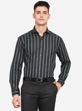 Dark Grey & Khaki Striped Regular Fit Formal Shirt | JadeBlue