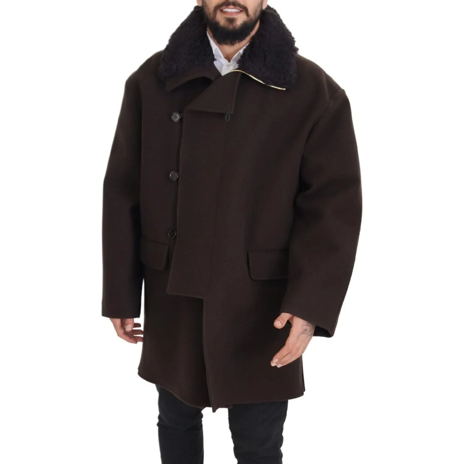 Dolce & Gabbana Elegant Dark Brown Shearling Coat Jacket