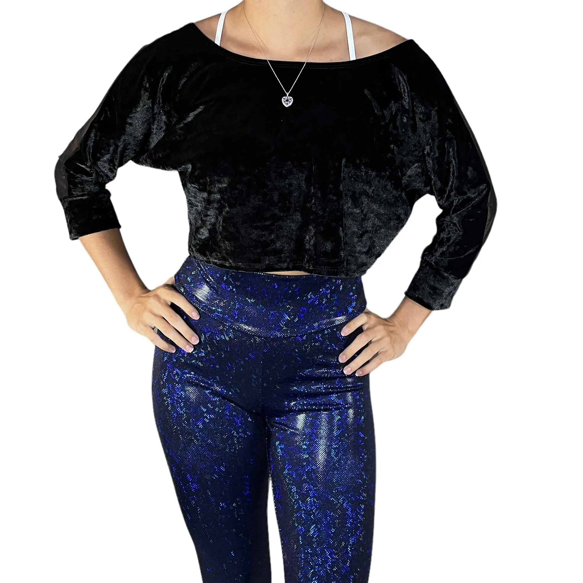 Dolman Crop Top Loose Tee in Black Crushed Velvet and Black Mesh