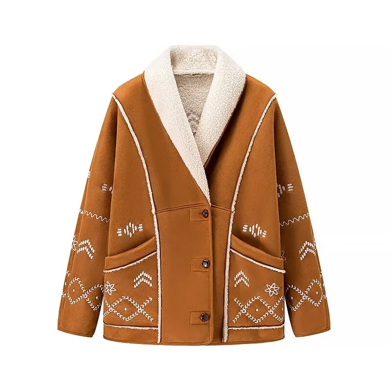 Fall Women Clothing Simple Collared Lamb Wool Printed Long Sleeve Coat