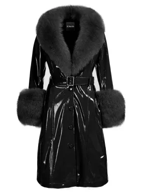 Faux Fur Genuine Patent Leather Coat in Black