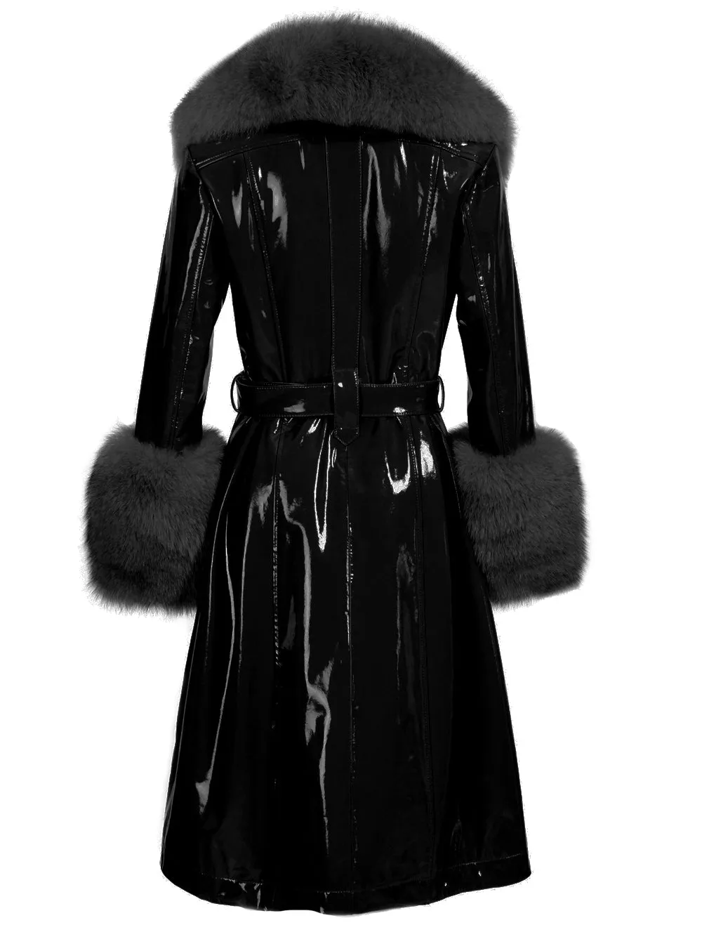 Faux Fur Genuine Patent Leather Coat in Black