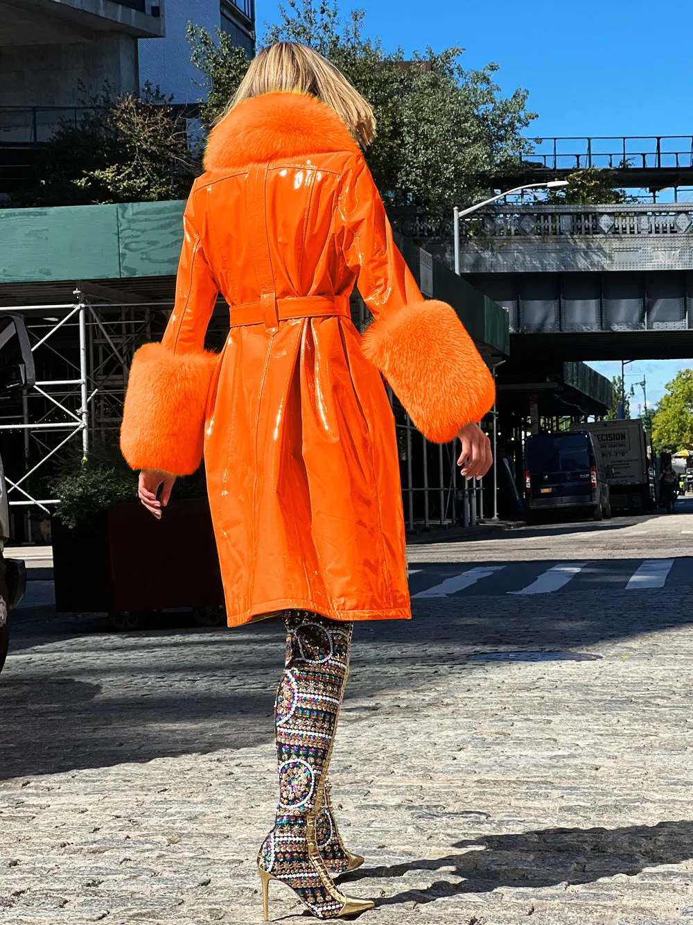 Faux Fur Genuine Patent Leather Coat in Orange