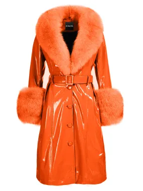 Faux Fur Genuine Patent Leather Coat in Orange