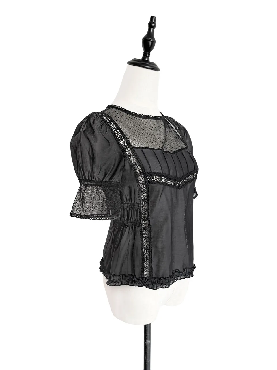 Final Sale! Black Lace Trim Ruffle Hem Silk Cotton Blouse