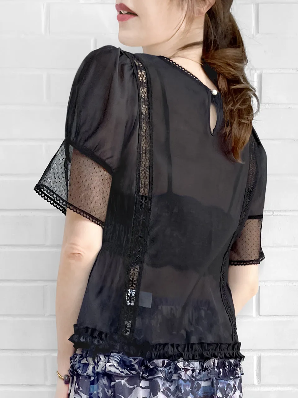 Final Sale! Black Lace Trim Ruffle Hem Silk Cotton Blouse