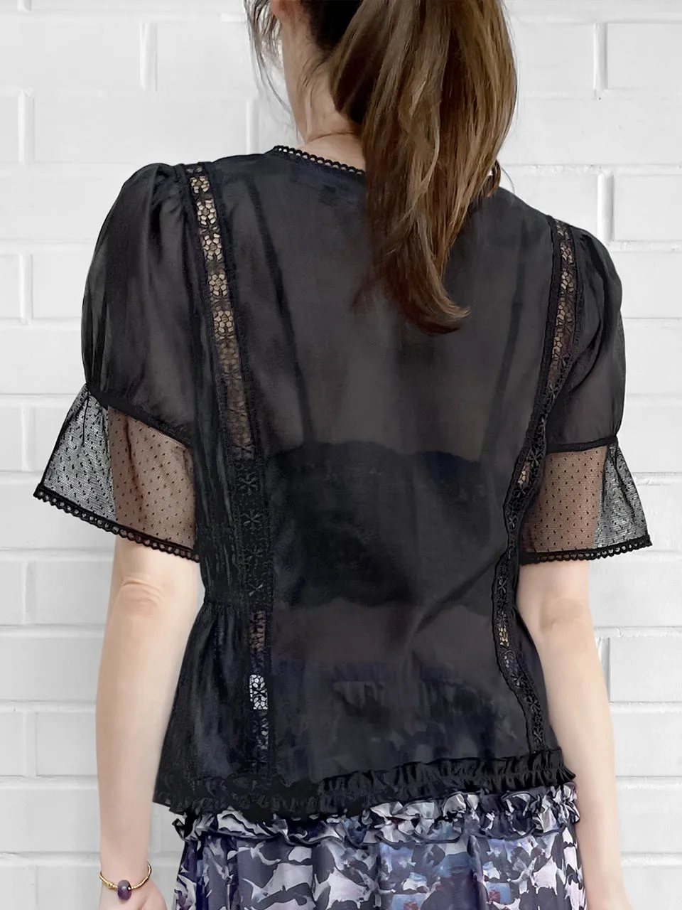 Final Sale! Black Lace Trim Ruffle Hem Silk Cotton Blouse