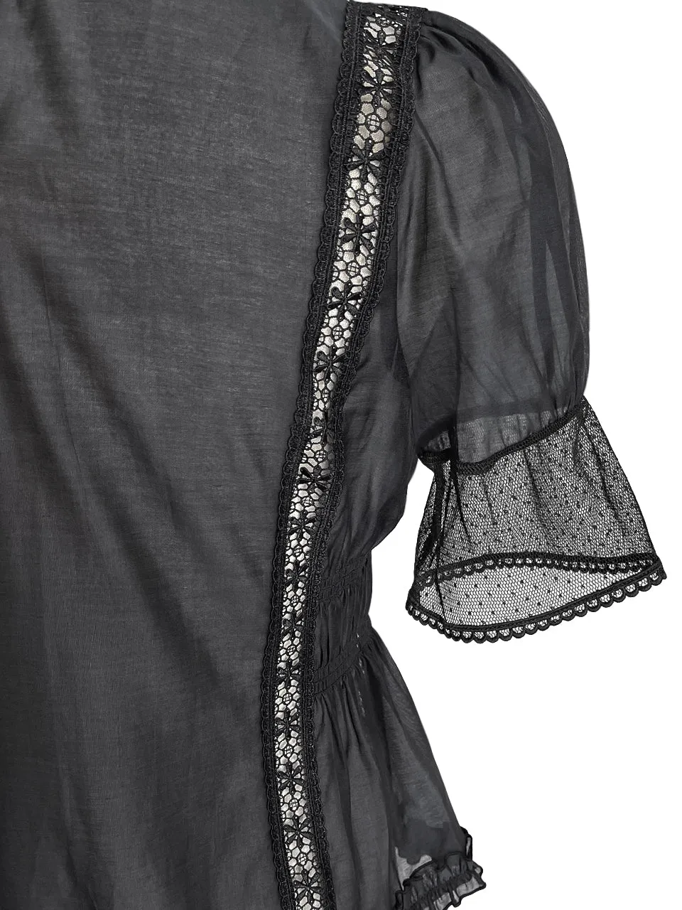 Final Sale! Black Lace Trim Ruffle Hem Silk Cotton Blouse