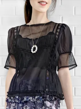 Final Sale! Black Lace Trim Ruffle Hem Silk Cotton Blouse