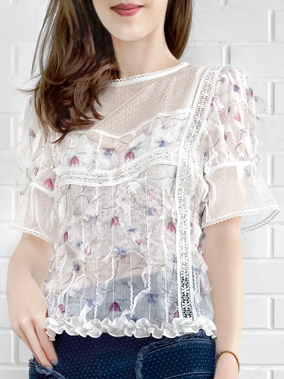 Final Sale! Floral Lace Trim Ruffle Hem Clipped Texture Blouse