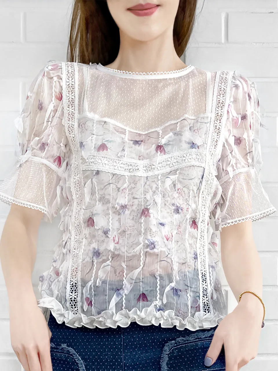 Final Sale! Floral Lace Trim Ruffle Hem Clipped Texture Blouse